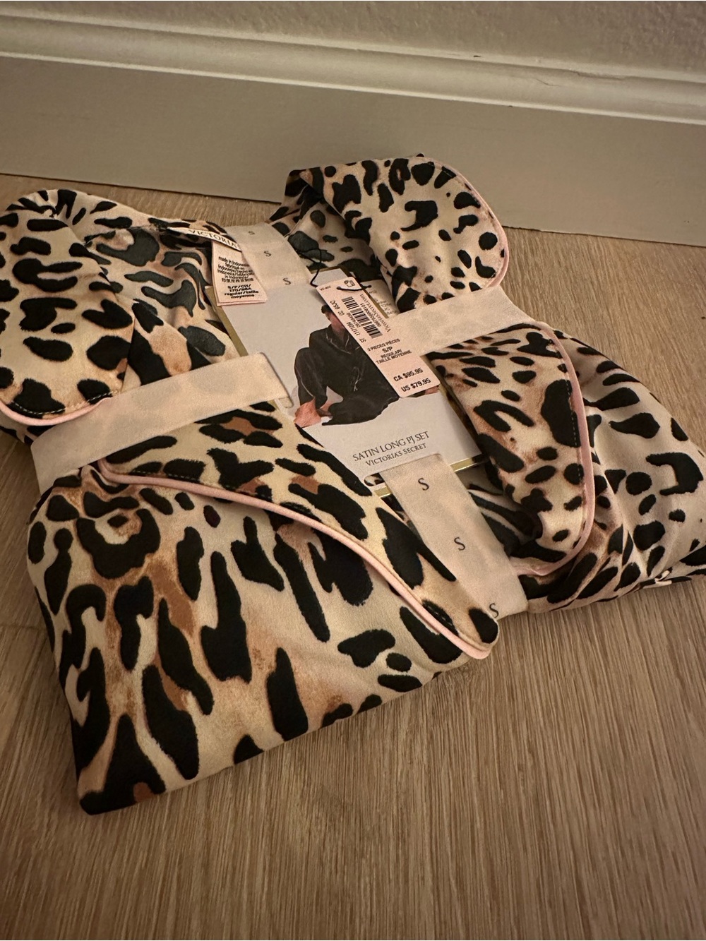 Victoria's Secret Leopard Satin PJ Set - Beige/Black with Pink Trim